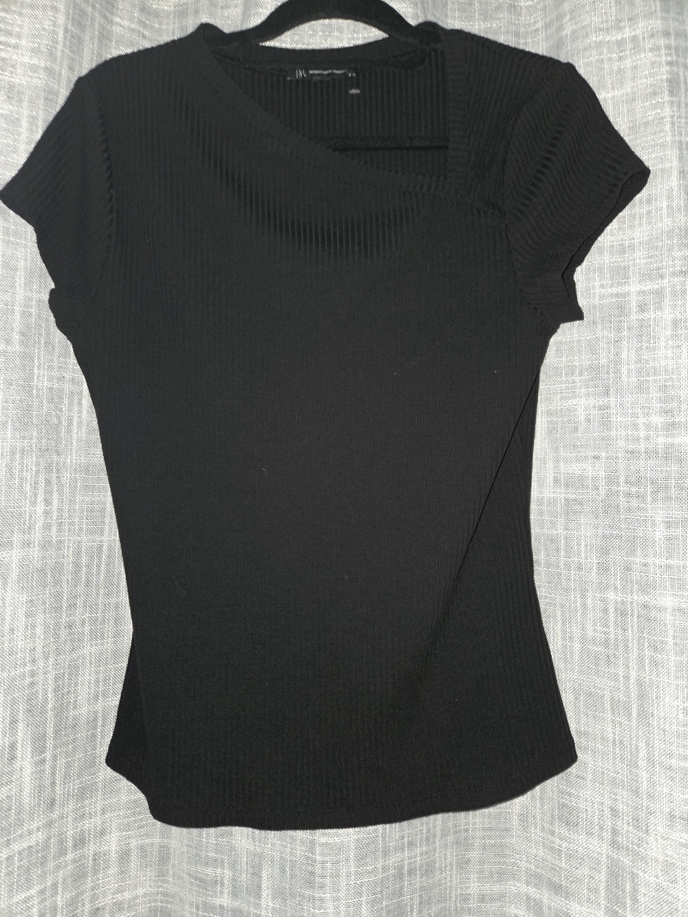 INC International Concepts Black Ribbed Short Sleeve Top Large